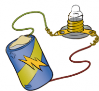 Illustration of battery with copper wires taped to each end connected to mini light bulb